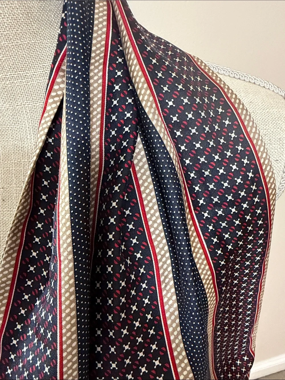 Talbots Navy, Red and Cream Striped Fringe Scarf